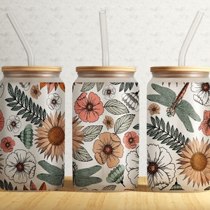 Seamless Boho Floral 16 oz Libbey Glass Can Tumbler Design, Earthy Can Wrap, Beer Can Glass, Boho Glass Can Wrap, Dragonfly Designs