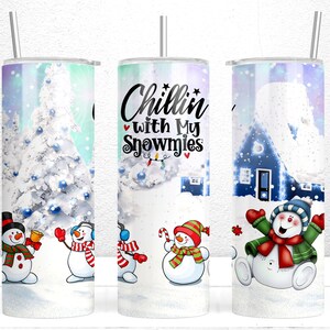 Chillin With My Snowmies Wrap 20oz Skinny Tumbler Sublimacja Bałwan Wesoła Natura Zimowe Wzory Choinki, Bożonarodzeniowy Tumbler Wrap