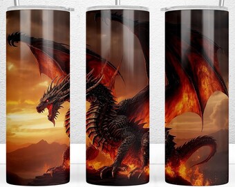 Majestic Red Dragon 20oz Skinny Tumbler, Dragon Tumbler Wrap, Fantasy Red Dragon Tumbler Wrap, Fantasy Fire Dragon, PNG Digital Download