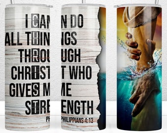 I Can Do All Things Through Christ 20oz Skinny Tumbler Sublimation Design, Jesus Tumbler, Religious Tumbler Wrap, PNG Digital Download