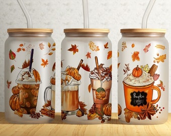 Fall Coffee Pumpkin Spice Latte 16 oz Libbey Glass Can Tumbler Sublimation Design, Warm Cozy Autumn Orange Pumpkin, Can Tumbler Design PNG