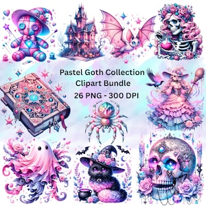 26 Watercolor Pastel Goth Collection Clipart Bundle, Halloween Clipart, Pretty Creepy Clipart, Spooky Clipart, Pastel Goth PNG Digital Files