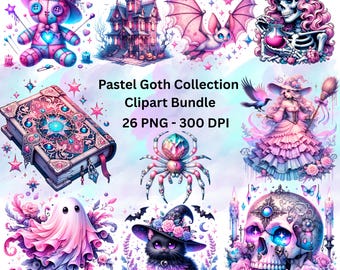Colección de 26 imágenes prediseñadas de acuarela gótica pastel, imágenes prediseñadas de Halloween, imágenes prediseñadas bastante espeluznantes, imágenes prediseñadas espeluznantes, archivos digitales PNG de acuarela gótica pastel