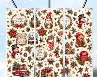 Vintage Christmas Tumbler Wrap, Snowman Gnome, Teddy Bear, Truck (Digital Download)