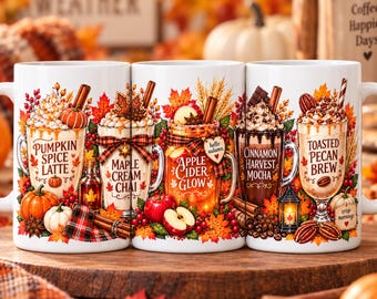 Autumn Drink Bar Mug Wrap PNG, Fall Coffee Mug Sublimation Design, 11oz 15oz Mug Wrap, Pumpkin Spice Latte Mug PNG Digital Download