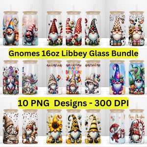 10 Gnomes Designs for 16oz Libbey Glass Bundle Wrap, Gnomes Bundle Wrap, Gnomes Bundle Glass Can, 16oz Gnome Bundle PNG Digital Download