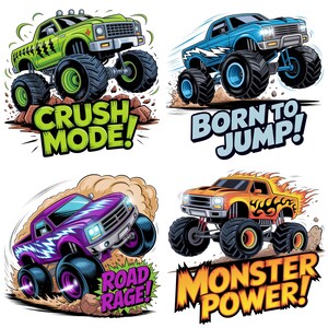 K&ouml;nnte beinhalten: Vier farbenfrohe Monster-Truck-Illustrationen. Die Trucks sind gr&uuml;n, blau, lila und orange, jeweils mit gro&szlig;en Reifen und einzigartigen Designs. Der Text enth&auml;lt "CRUSH MODE!", "BORN TO JUMP!", "ROAD RAGE!" und "MONSTER POWER!"