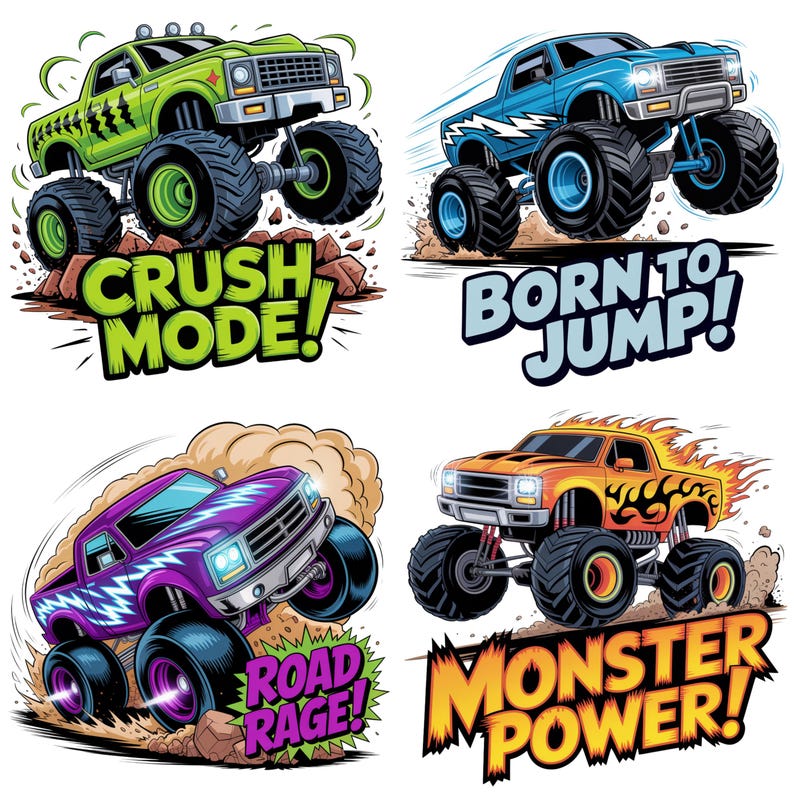 K&ouml;nnte beinhalten: Vier farbenfrohe Monster-Truck-Illustrationen. Die Trucks sind gr&uuml;n, blau, lila und orange, jeweils mit gro&szlig;en Reifen und einzigartigen Designs. Der Text enth&auml;lt "CRUSH MODE!", "BORN TO JUMP!", "ROAD RAGE!" und "MONSTER POWER!"