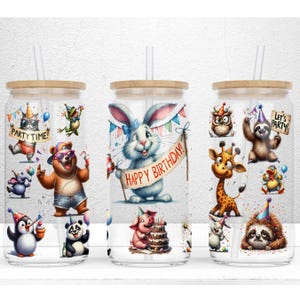 Divertenti animali da festa stravaganti da 16 once Libbey Glass Can Sublimation Design, Buon compleanno Wrap, Compleanno Quirky Glass Can Wrap, File digitale PNG