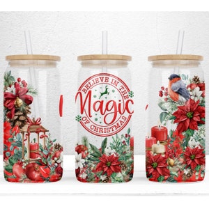 Believe in the Magic of Christmas 16oz Libbey Glass Can Tumbler Sublimation Design, Christmas Tumbler Wrap, PNG File Digital Download