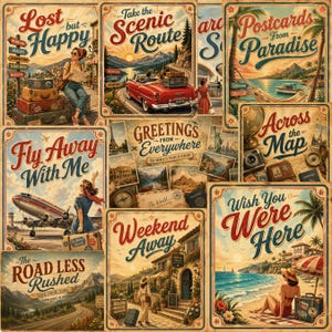 Vintage Travel Cards PNG Bundle, Retro Travel Postcard Clipart, Junk Journal Cards, Scrapbook Ephemera Digital Download