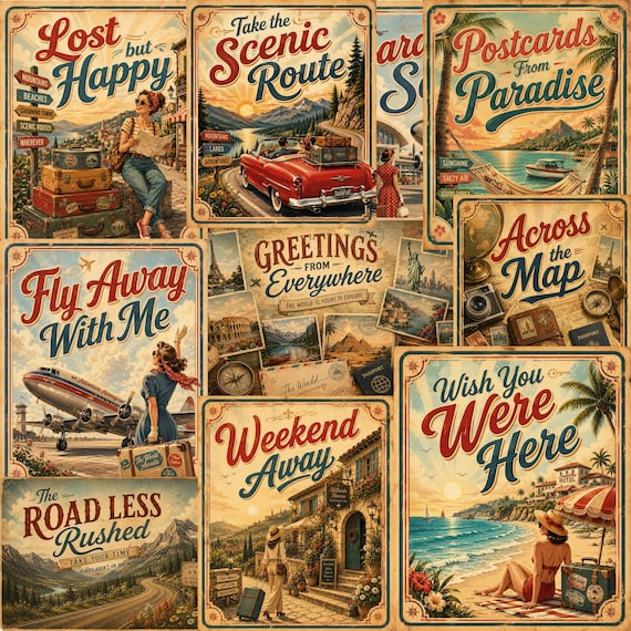 22 Vintage Travel Cards PNG Bundle, Retro Travel Postcard Clipart, Junk Journal Cards, Scrapbook Ephemera Digital Download
