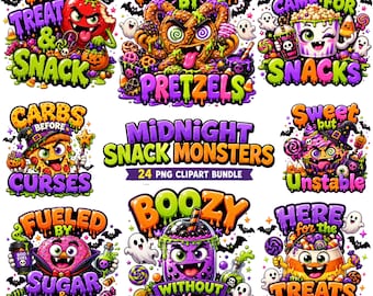 24 Funny Halloween Food PNG Bundle, Spooky Snack Monster Clipart for Sublimation, Halloween Clipart Bundle PNG Digital Download