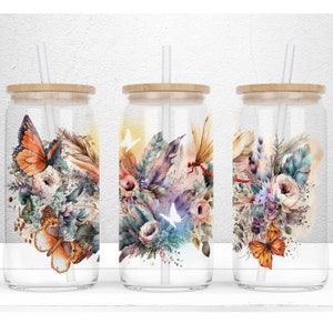 Butterflies Flower 16 oz Libbey Glass Can Tumbler Design, Earthy Can Wrap, Flower Libbey Png, Boho Glass Can Wrap, PNG Digital Download