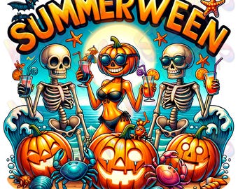 Summerween PNG, Halloween Beach Clipart, Skeletons Pumpkins PNG, Funny Summer Halloween Shirt Design, Png File Digital Download, 300 DPI