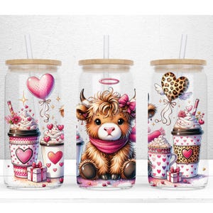 Highland Kuh Valentinstag 16 Unze Libbey Glasdose Design, Valentine UVD DTF, Highland Kuh Glasverpackung, Valentinstag Glasdose PNG Digitale Datei