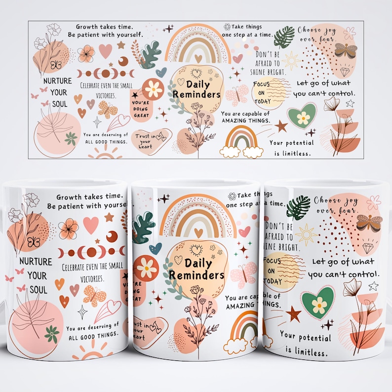 Daily Reminders Mug Wrap, 11oz & 15oz Mug Template, Motivational Mug, Daily Affirmations Mug, Mental Health Mug PNG Files Digital Download