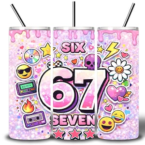 May include: Three stainless steel tumblers with black straws. Each tumbler has a pink glitter background and is decorated with stickers, including a skull, emojis, and the numbers "67" with the words "Six" and "Seven".