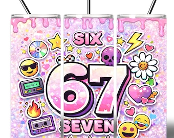 Six Seven 67 Digital 20oz Skinny Tumbler Wrap PNG, Y2K Sticker Style, Pastel Glitter Sublimation Design, PNG Files Instant Download