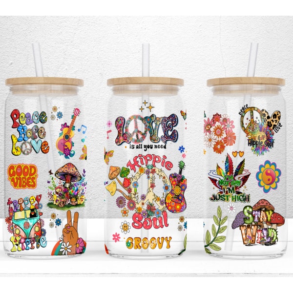 Hippie Vibes 16 oz Libbey Glass Can Tumbler Design, Hippie Design Png, Boho Glass Can Wrap, Hippie Tumbler Wrap, PNG File Digital Download