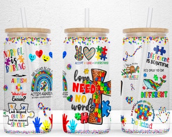 Diseño de sublimación de lata de vidrio Libbey de 16 oz para concienciar sobre el autismo, envoltura para vaso de autismo, envoltura de autismo PNG, corazón de autismo, descarga digital de archivo PNG