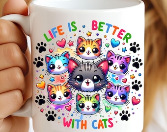 Tazza Life Is Better With Cats, Tazza Cat Wrap, Tazza Cat Lovers Wrap, Tazza Cats 11oz & 15oz Template, Tazza Gattino Carino File PNG Download Digitale