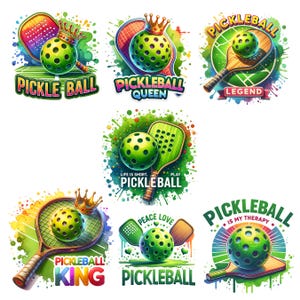 May include: A set of nine colorful pickleball themed designs featuring paddles, balls, and motivational text. The designs include "Pickleball Queen", "Pickleball Legend", "Life is Short. Play Pickleball", "Peace Love Pickleball", "Pickleball King", and "Pickleball is My Therapy".
