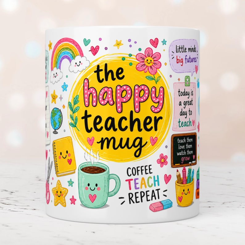 Happy Teacher Mug Wrap, 11oz & 15oz Mug Template, Teacher Appreciation Mug, Teacher's Day Gift, Classroom Vibes PNG Files Digital Download