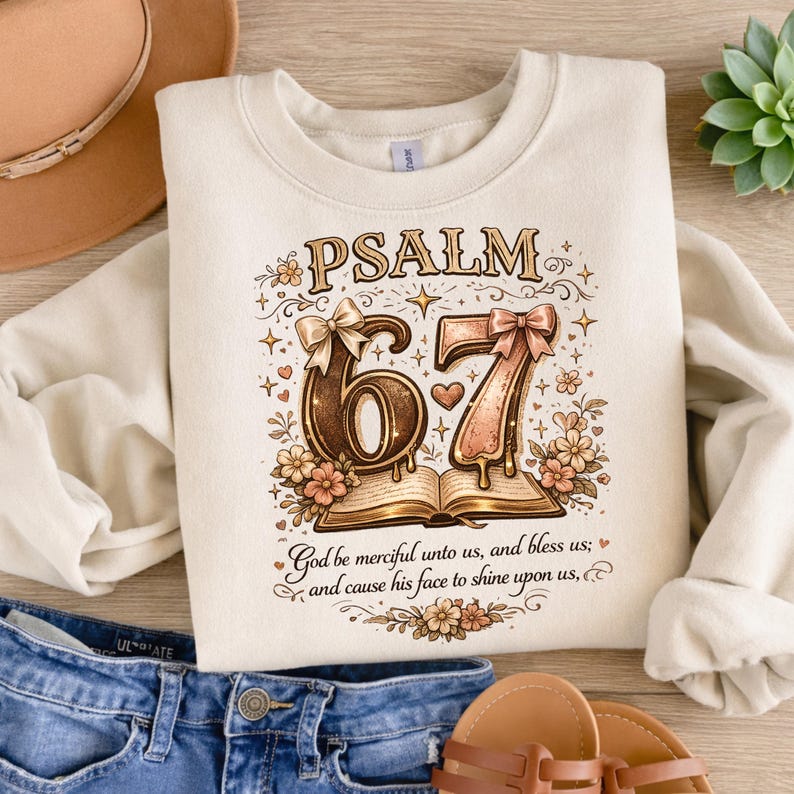 May include: Cream-colored sweatshirt with the text "PSALM 67" in a decorative font. The design includes the numbers 6 and 7, floral accents, and a Bible verse. The sweatshirt is paired with blue jeans and sandals.