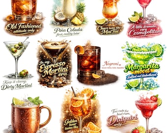 Pacchetto di 20 frasi lucide sui cocktail in formato PNG, pacchetto di immagini PNG di bevande estive, clipart divertenti di cocktail in formato PNG, frasi sull'alcol, download digitale di immagini PNG relative al bere