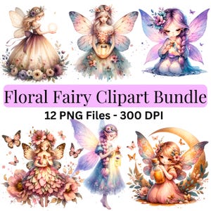 12 Blumen Fee Clipart, festliche Aquarell Fee Clipart Bundle PNG Dateien Sofort-Download, magische Fee Clipart, bezaubernde Clipart Png