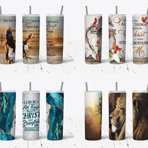 May include: Set of ten stainless steel tumblers with various designs. The designs include a cross with flowers, an eagle, a lion, a blue marble pattern, and a sunset with a cross. Each tumbler has a straw and the text "I can do all things through Christ who strengthens me" or a Bible verse.