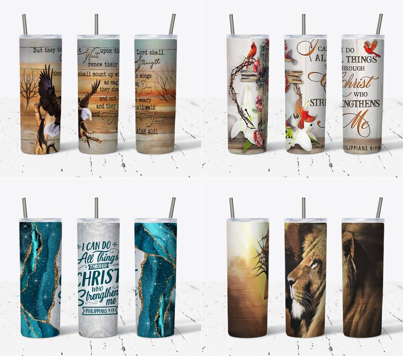 May include: Set of ten stainless steel tumblers with various designs. The designs include a cross with flowers, an eagle, a lion, a blue marble pattern, and a sunset with a cross. Each tumbler has a straw and the text "I can do all things through Christ who strengthens me" or a Bible verse.