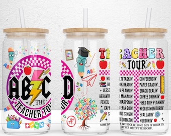 ABCD Teacher Tour 16oz Libbey Glass Can Sublimation Design, Teacher Glass Cup Wrap, Back To School Glass Can PNG File Digital Download