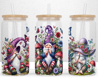 Enchanted Garden Gnomes 16oz Libbey Glass Can Sublimation Design, Gnomes Tumbler Wrap, Garden Gnomes Libby Glass,  PNG Digital Download