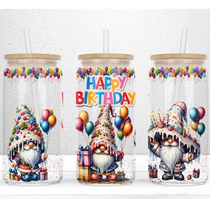 Birthday Gnomes 16oz Libbey Glass Can Sublimation Design, Happy Birthday Gnome, Gnome Birthday Gift, Gnome Glass Wrap, PNG Digital Download
