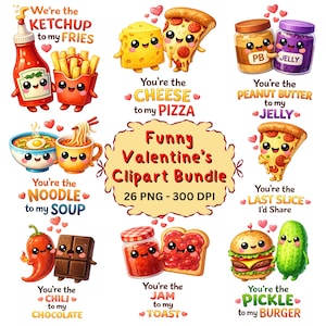 26 Funny Food Pun Valentine PNG Bundle, Cute Kawaii Food Puns Clipart, Valentine Sublimation PNG, Couple Food Quotes, Digital Download