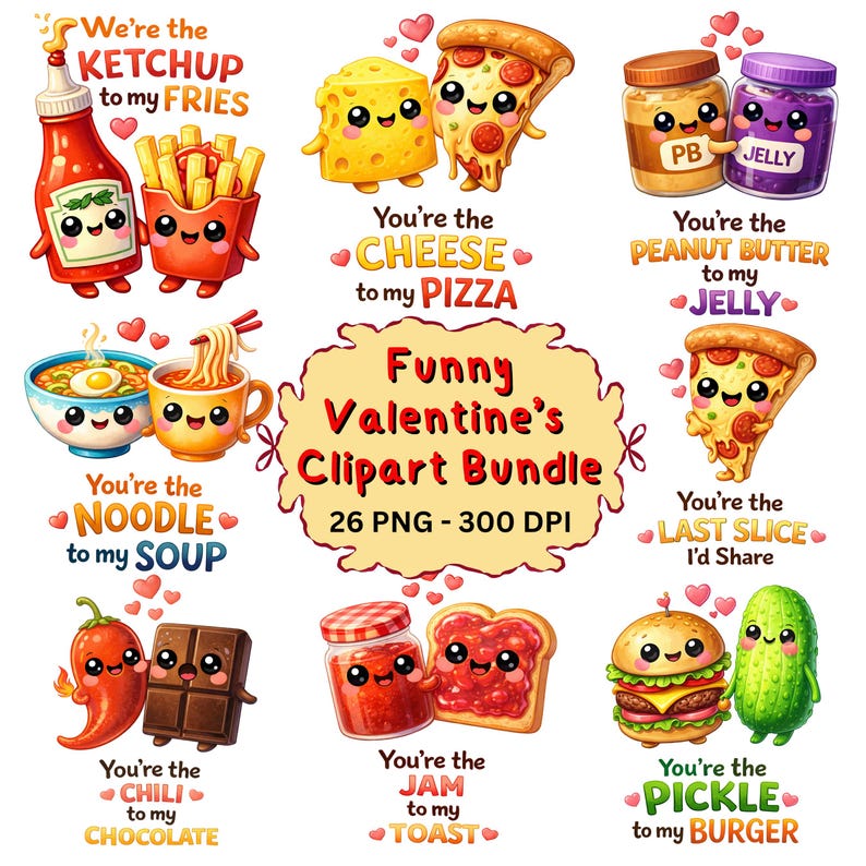 26 Funny Food Pun Valentine PNG Bundle, Cute Kawaii Food Puns Clipart, Valentine Sublimation PNG, Couple Food Quotes, Digital Download