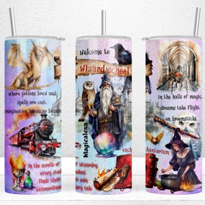 May include: A watercolour illustration of a wizard school with a purple background. The image features a dragon, a wizard, a spider, a cauldron, a train, a book, a scroll, and an owl. The text "Welcome to Wizard School" is written in the centre of the image.