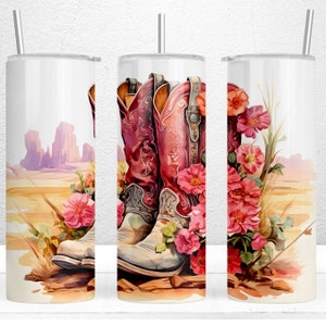 Cowgirl Boots Tumbler Wrap, 20 oz. Skinny Tumbler - PNG DIGITAL Download , Country Girl Tumbler, Cowgirl Tumbler Wrap, Westen Pink Boots PNG