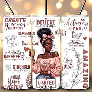 Love Yourself Black Woman Tumbler Wrap, 20oz Skinny Tumbler Sublimation Design, Positive Affirmations Tumbler Wrap PNG File Digital Download