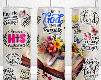Diseño de sublimación de afirmaciones de versículos bíblicos cristianos, diseño de vaso delgado de 20 oz, vaso de versículos bíblicos PNG, envoltura de vaso cristiano