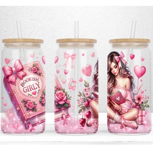 Coquette Pink Bookish Girly Aesthetic 16oz Libbey Glass Can Sublimation Design, Coquette Gift For Girl, Pink Bows PNG File Digital Download