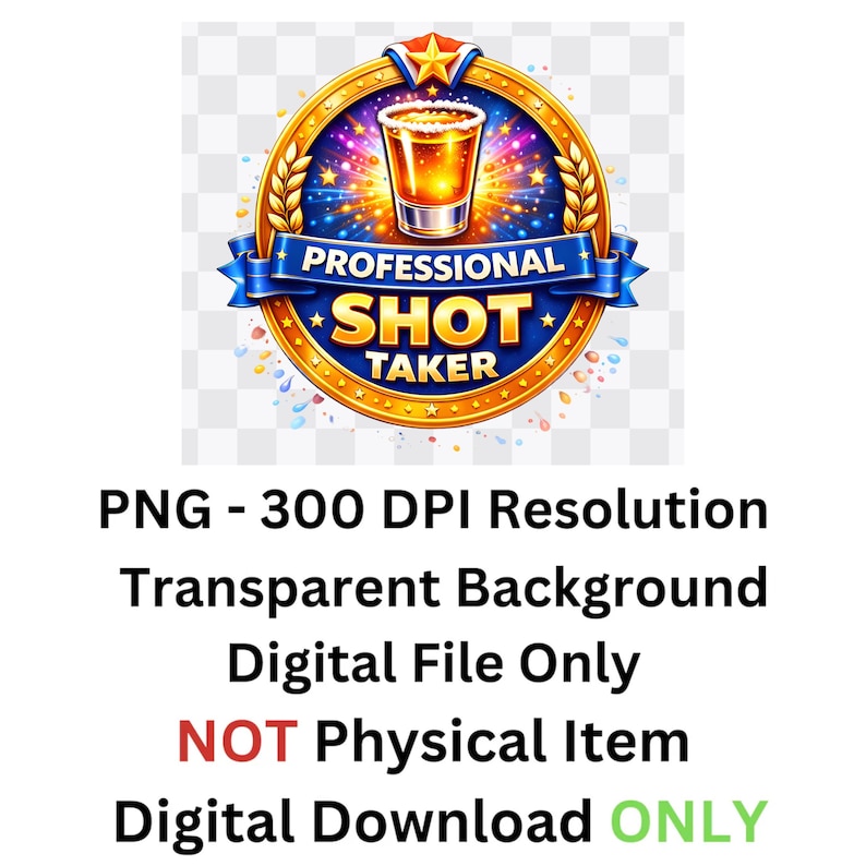 Pu&ograve; includere: Grafica digitale con un emblema oro e blu. L'emblema presenta un bicchierino, stelle e foglie di alloro, con la scritta "PROFESSIONAL SHOT TAKER". &Egrave; un file digitale con sfondo trasparente.