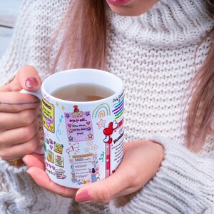 May include: White ceramic mug with a handle, filled with tea. The mug is decorated with colorful illustrations, including hearts, stars, rainbows, and text that reads "Safe to smile... Slow down, you're doing great." The mug is held by a person.