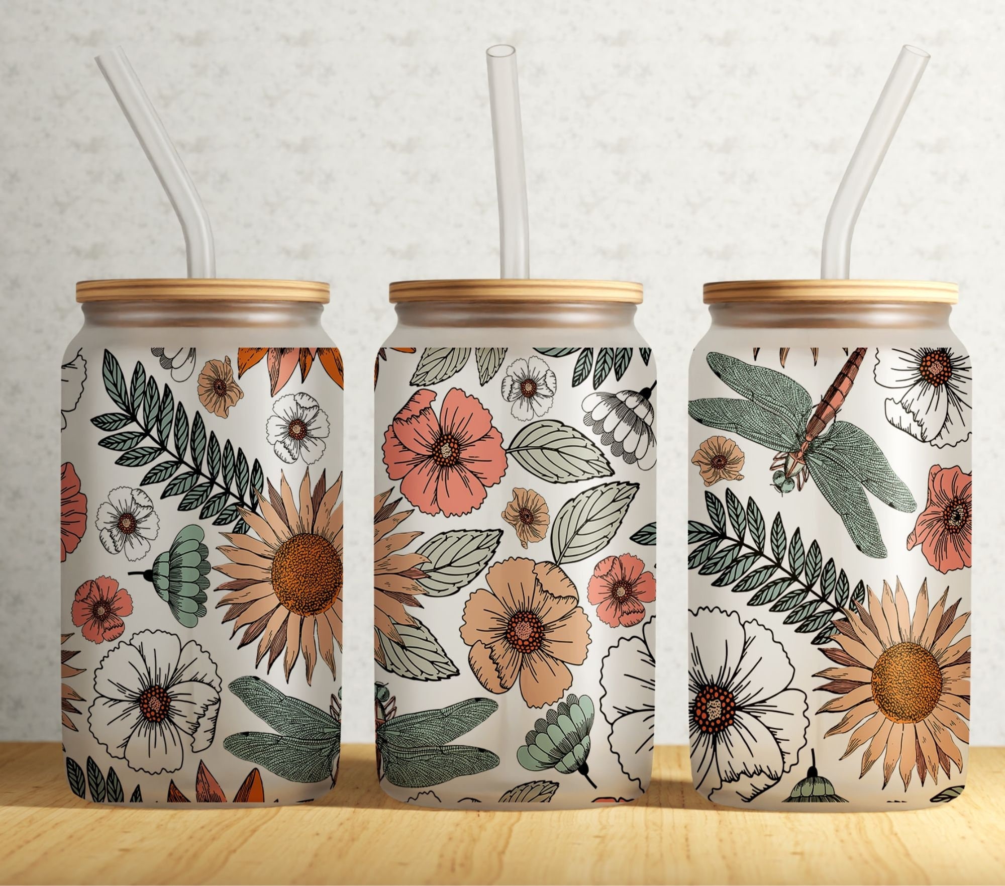 Seamless Boho Floral 16 Oz Libbey Glass Can Tumbler Design, Earthy Can ...