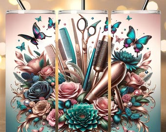 Puede incluir: Un juego de tres vasos de acero inoxidable con un diseño floral con detalles en turquesa, rosa y dorado. Los vasos están decorados con imágenes de herramientas de peluquería, incluyendo tijeras, peines y un secador de pelo. También se incluyen mariposas con alas turquesa y doradas en el diseño.