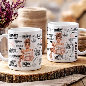 K&ouml;nnte beinhalten: Zwei wei&szlig;e Keramikbecher mit inspirierenden Zitaten und Illustrationen. Jeder Becher zeigt eine Frau, die ein Getr&auml;nk h&auml;lt, umgeben von Texten wie "Believe in Yourself" und "Choose to Shine." Die Becher sind "Limited Edition."