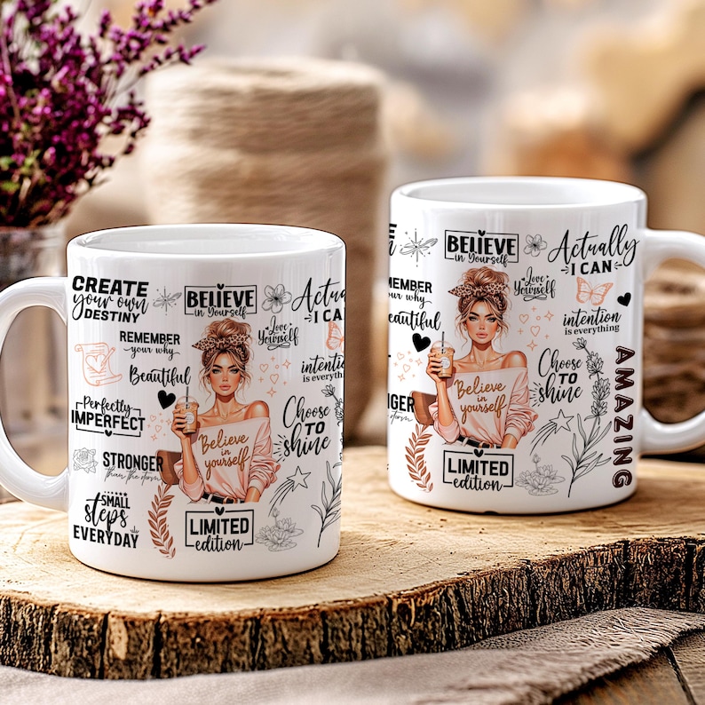 K&ouml;nnte beinhalten: Zwei wei&szlig;e Keramikbecher mit inspirierenden Zitaten und Illustrationen. Jeder Becher zeigt eine Frau, die ein Getr&auml;nk h&auml;lt, umgeben von Texten wie "Believe in Yourself" und "Choose to Shine." Die Becher sind "Limited Edition."