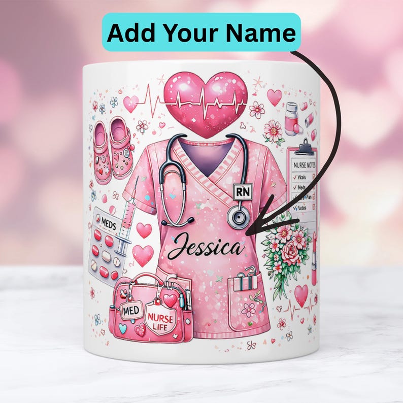Nurse Mug Wrap PNG, Personalized Nurse Mug Design, Pink Nurse Scrubs Mug Sublimation, RN Nurse Gift, 11oz 15oz Mug Wrap PNG Digital Download